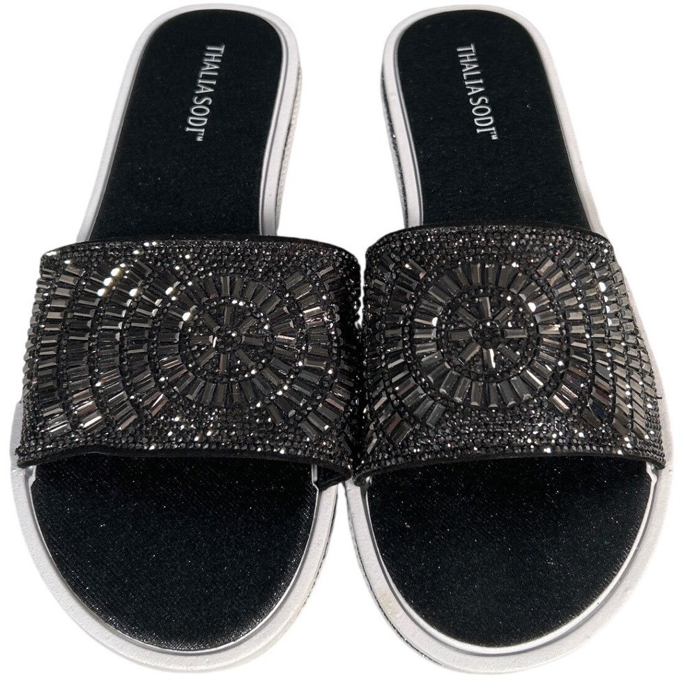 Thalia Sodi Dianna Black Embellished Slide Sandals Gunmetal Rhinestone 10M Chic